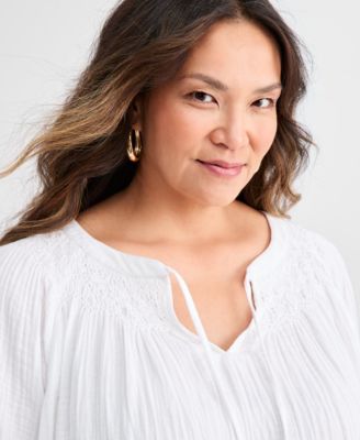 Plus Size Cotton Smocked Tie-Neck Top, Macy's Exclusive