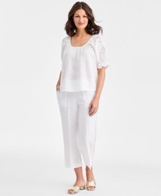 Women's 100% Linen Scalloped-Cuff Scoop-Neck Top, Macy's Exclusive