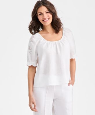 Women's 100% Linen Scalloped-Cuff Scoop-Neck Top, Macy's Exclusive