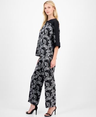 Women's Printed 3/4-Sleeve Boat-Neck Top & Printed Pull-On Wide-Leg Pants