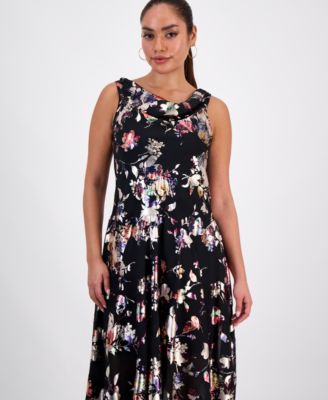 Petite Foil-Print Cowlneck Midi Dress