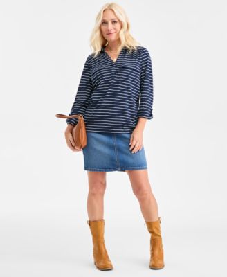 Women's Striped Collared Knit Roll-Sleeve Top, Macy's Exclusive
