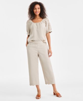 Charter Club - Women's Linen Cropped Scalloped-Hem Wide-Leg Pants