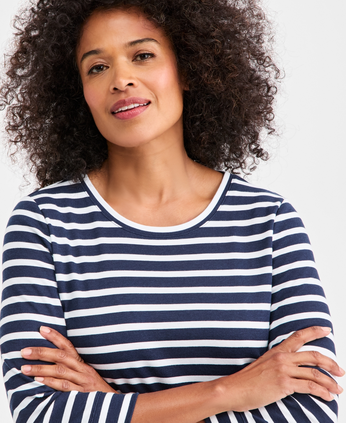 Style & Co Petite Crewneck Button Floral Essence Top In Blue