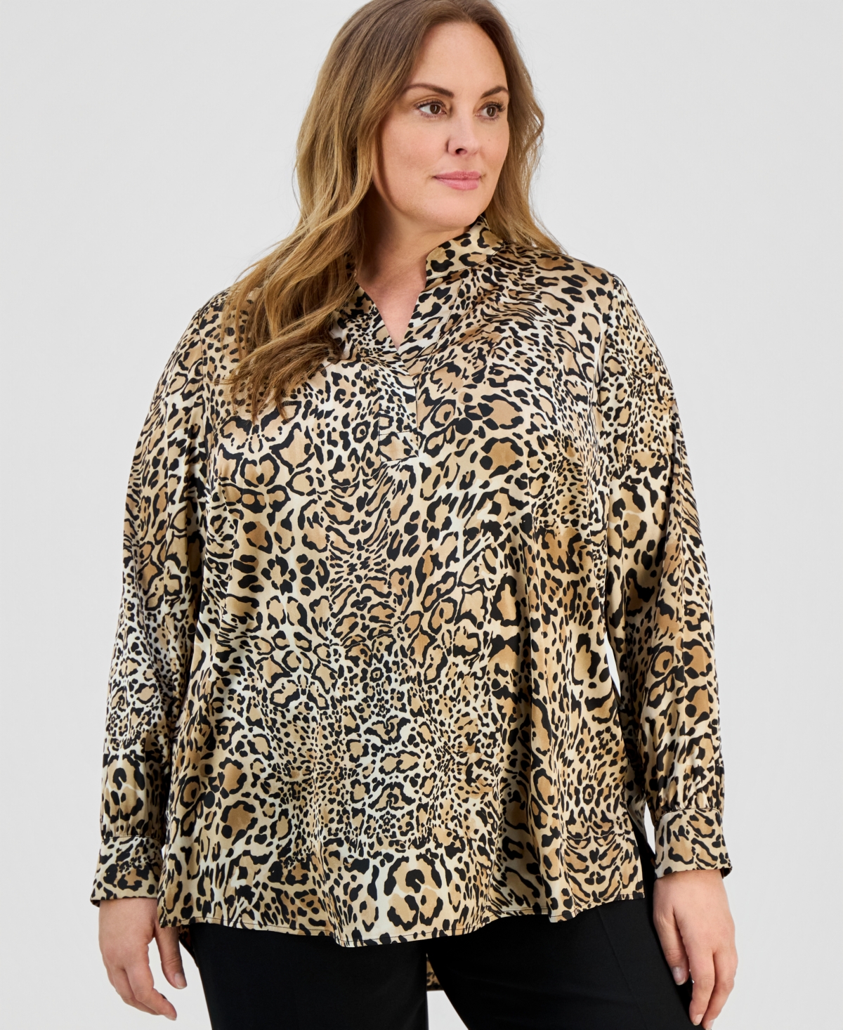Jones New York Plus Printed Split-Neck Popover Top