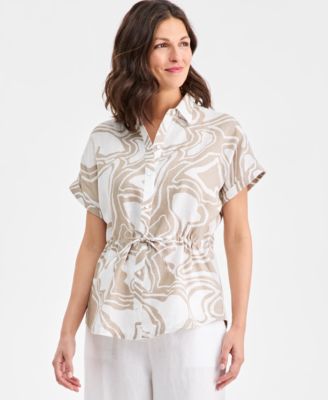 Charter Club - Women's Linen Printed Drawstring-Waist Top