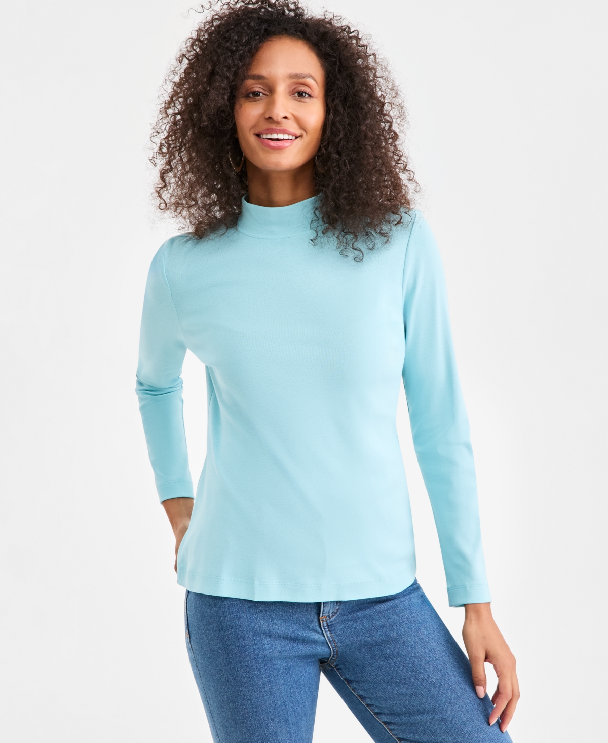 Style & Co Women's Cotton Mock-Neck Long-Sleeve Tee, Created for Macy's - Pacific Parrotl