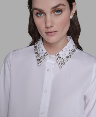 Women's Collared Long Sleeve Embellished Top