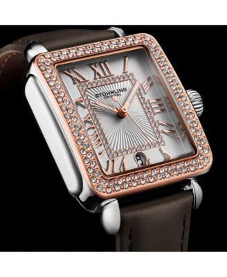 Elegant Women s Rectangular 35×47mm Dress Watch – Model 4060L.5, Rose Gold Crystal Bezel, Silver Case, Brown Leather Strap
