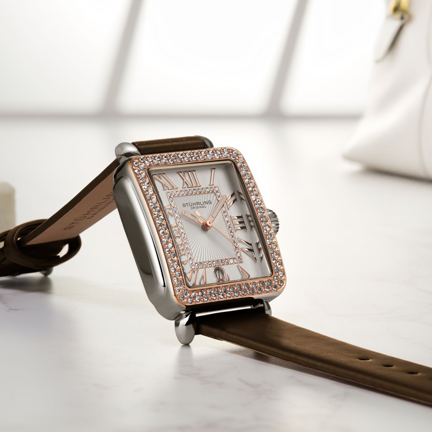 Elegant Women s Rectangular 35x47mm Dress Watch - Model 4060L.5, Rose Gold Crystal Bezel, Silver Case, Brown Leather Strap