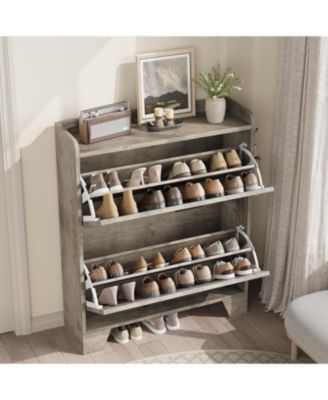 Shoe Storage Cabinet with 2 Flip Drawers, Narrow Shoe Cabinet for Entryway, Freestanding Hidden Slim Shoe Organizer Cabinet with Hooks, Gray