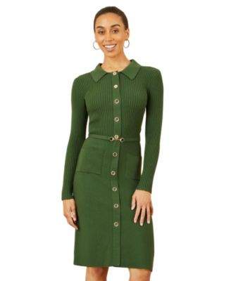 Women's Belted Rib Knit Midi Dress With Pockets