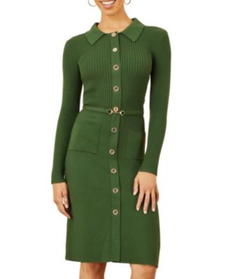 Women's Belted Rib Knit Midi Dress With Pockets
