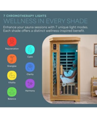 Rejuvacure Low-EMF 1-Person Infrared Sauna – Indoor Wooden Sauna with Tempered Glass Door, Carbon Fiber Heaters, Chromotherapy & Bluetooth
