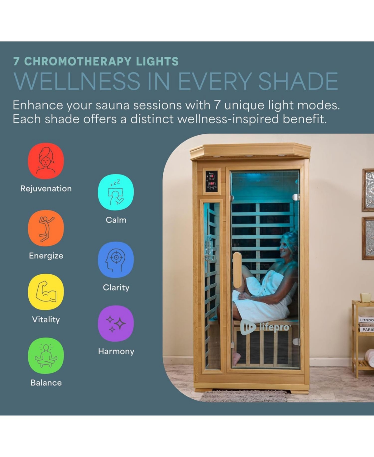 Lifepro Rejuvacure Low-emf 1-Person Infrared Sauna – Indoor Wooden Sauna with Tempered Glass Door, Carbon Fiber Heaters, Chromotherapy & Blueto
