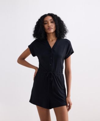 Women's V neck Drawstring Knit Romper in Black