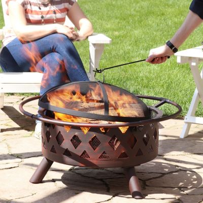 Outdoor Camping or Backyard Crossweave Cut Out Fire Pit with Spark Screen and Log Poker