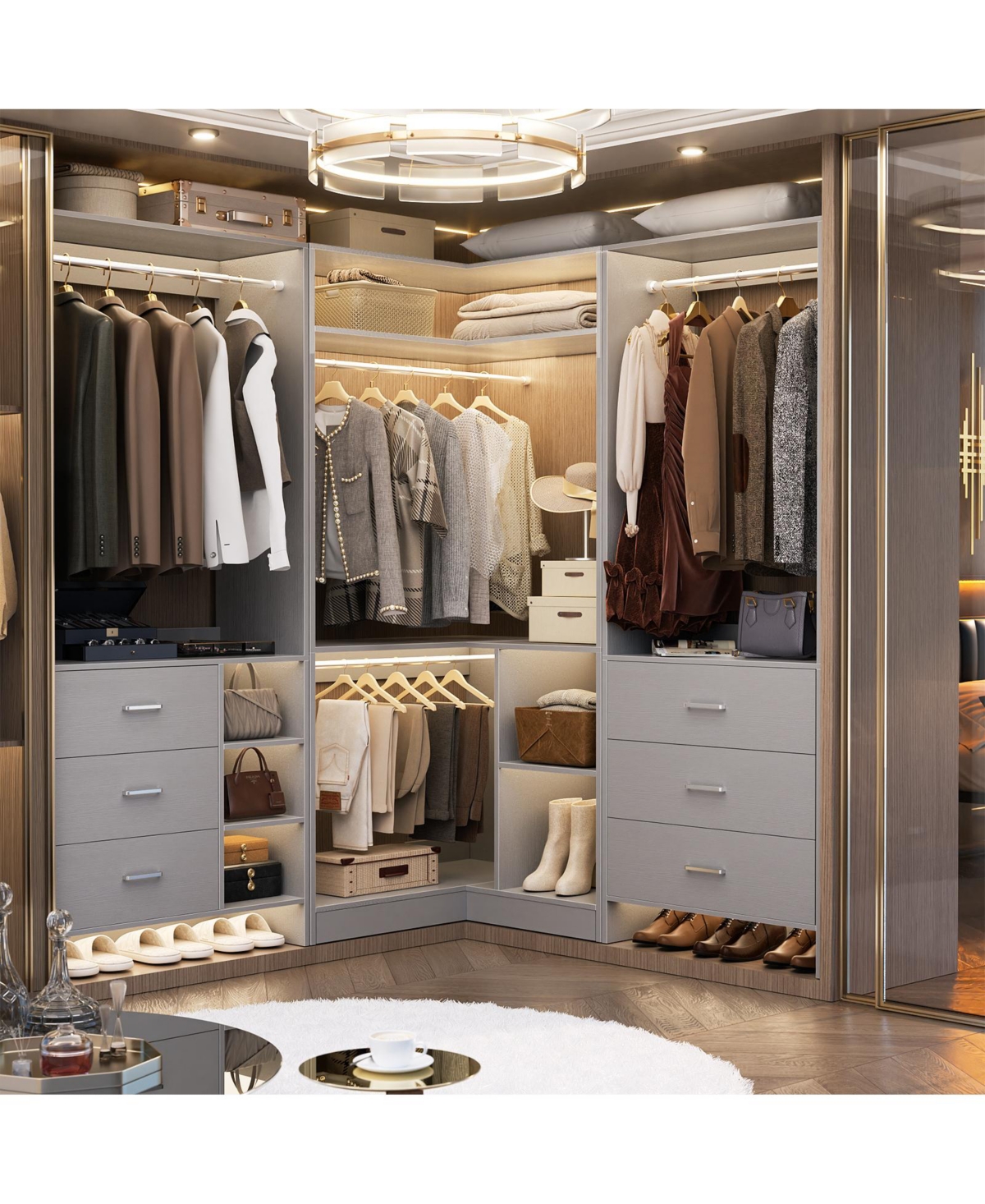 Freestanding Corner Closet Organizer, System with Hanging Rods and Storage Shelves