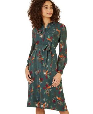 Women's Fox Print Shirt Midi Dress