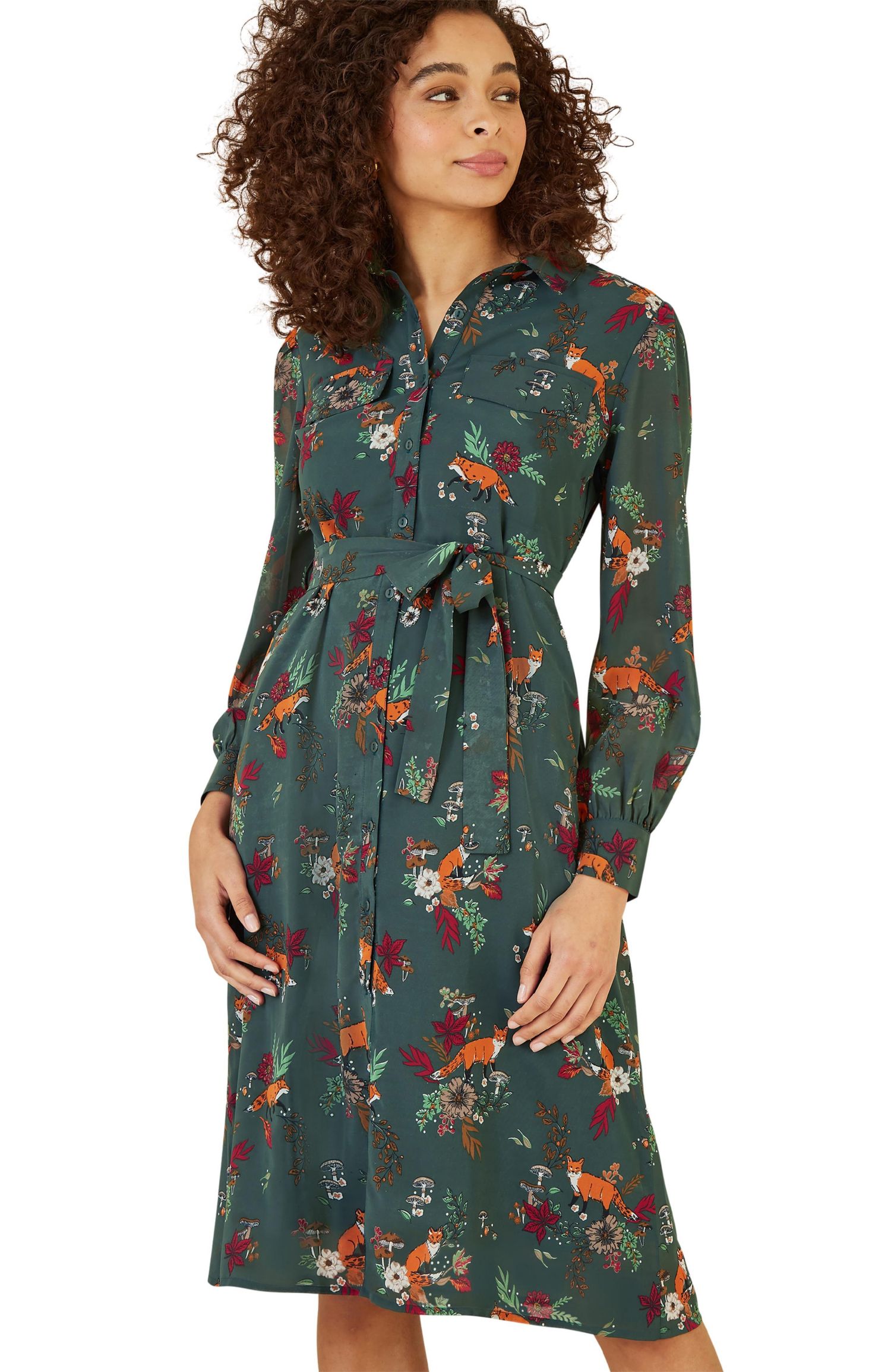 Women's Fox Print Shirt Midi Dress