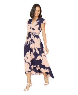 Women's Blossom Print Dipped Hem Wrap Midi Dress