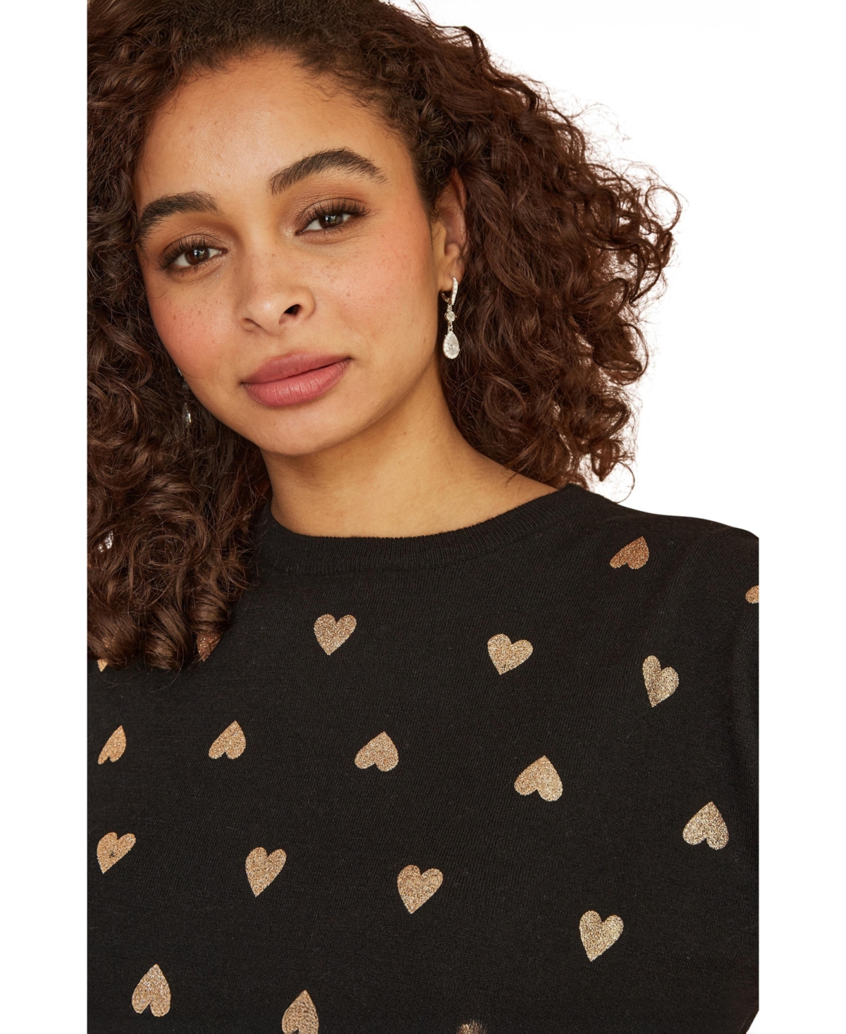 Yumi Women's Foil Heart Print Relaxed Fit Sweater