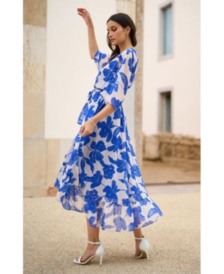 Women's Kimono Sleeves Midi Dip Hem Wrap Dress