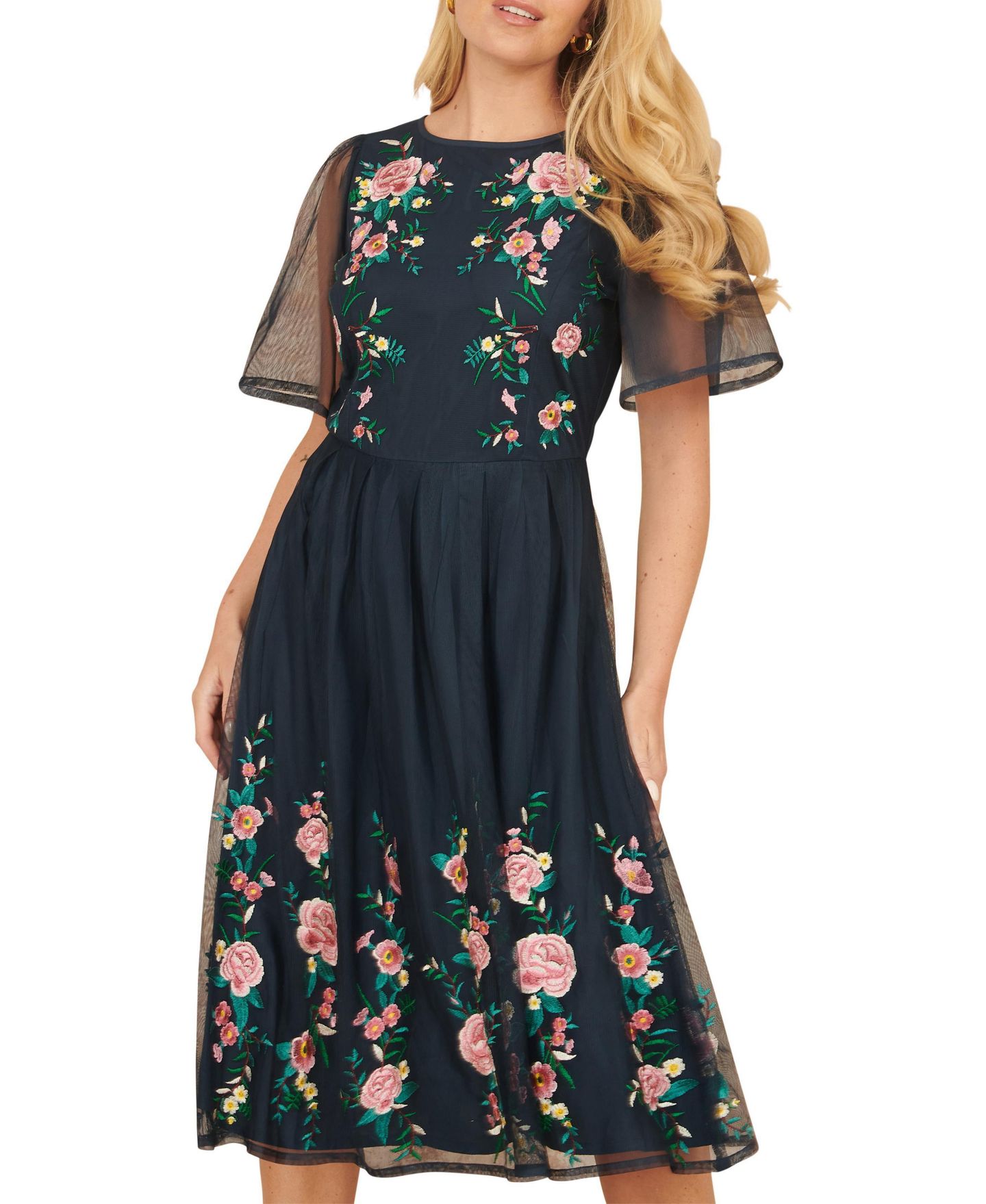 Женское платье Yumi Embroidered Mesh Sleeve Prom, цвет: Тёмно-синий — фото 8