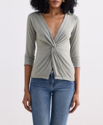 Women's Twist Front Knit Shirt in Light Olive