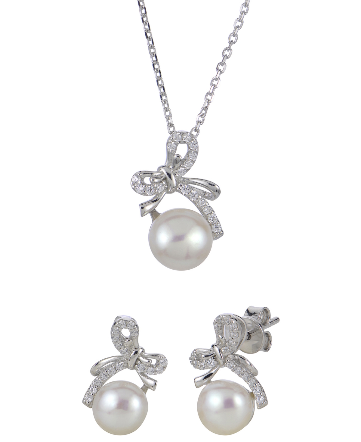 Macy's 2-pc. Cultured Freshwater Pearl (7-8mm) And Lab Created White Sapphire Earring And Bow Pendant Neckl In Silver
