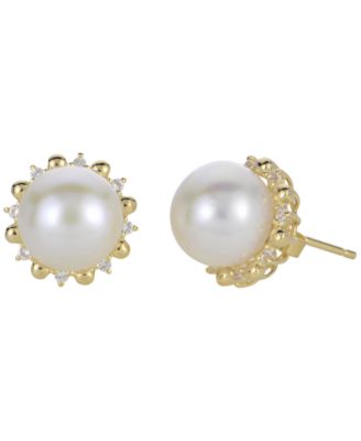 Macy's - Cultured Freshwater Pearl (9.5-10mm) and Lab Created White Sapphire Earrings (0.16 ct. t.w.) in Sterling Silver with 14K Gold Plating