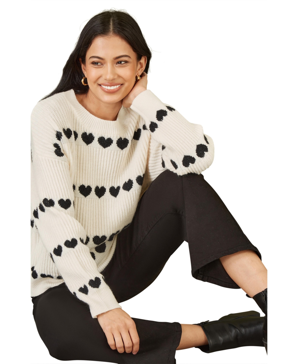 Yumi Women's Knitted Heart Stripes Sweater