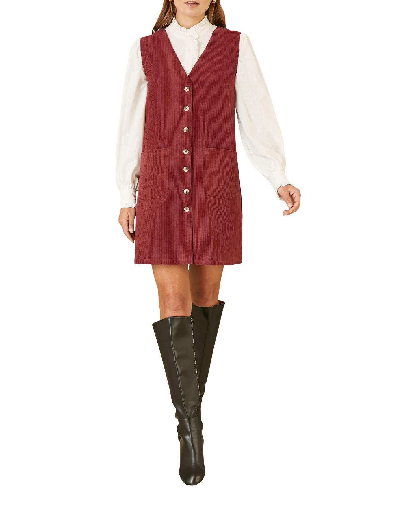 Женское платье Yumi V-Neck Cord Pinafore, цвет: Бордовый — фото 2