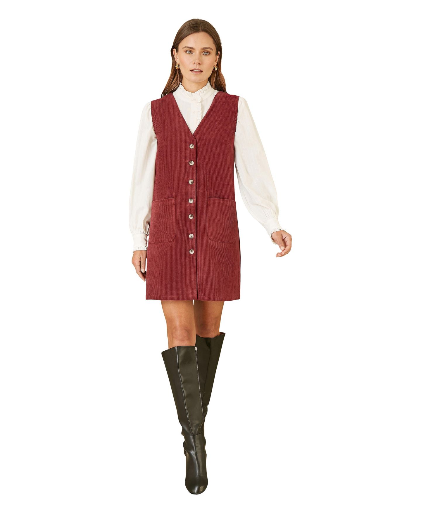 Женское платье Yumi V-Neck Cord Pinafore, цвет: Бордовый — фото 1