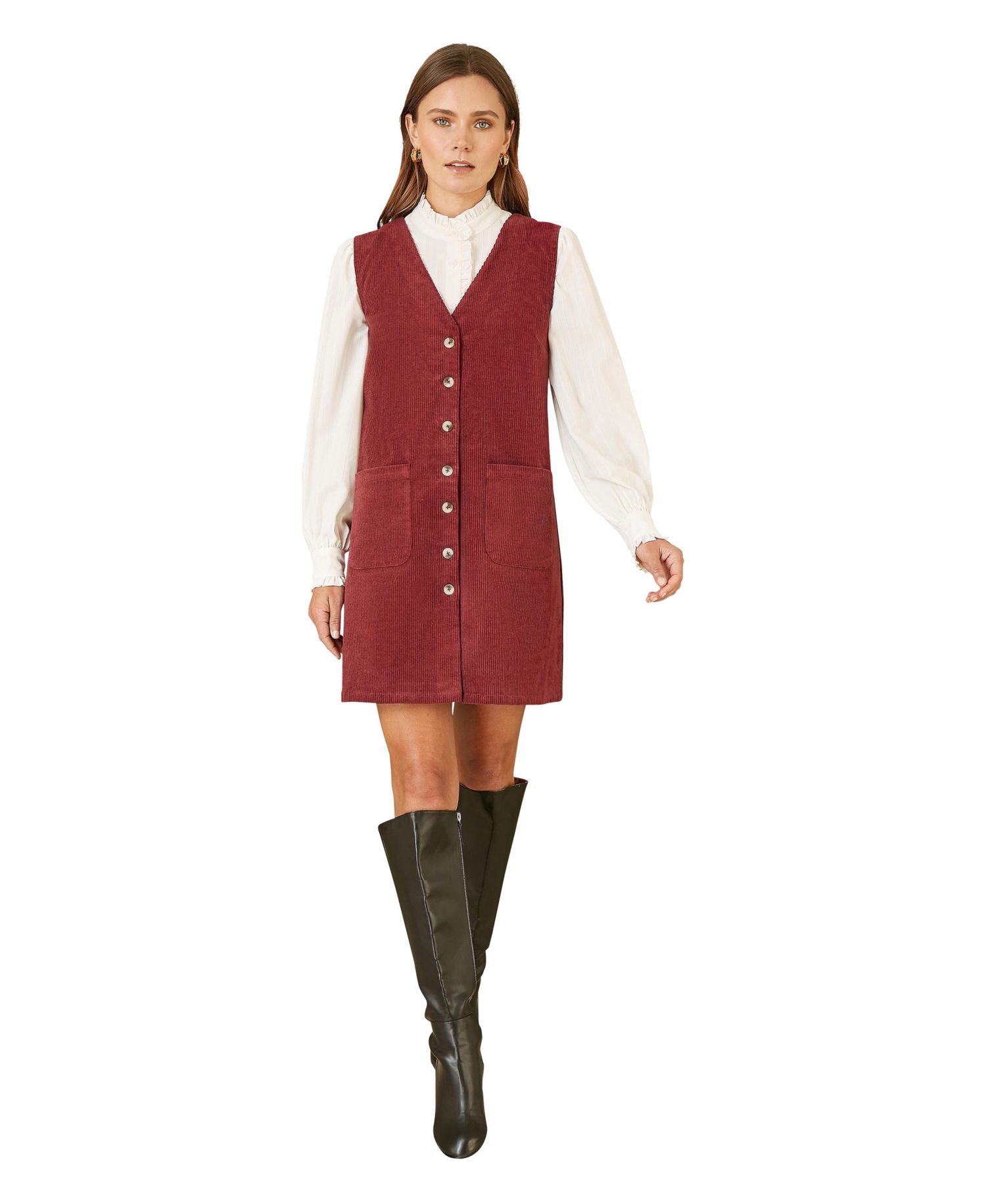 Women's V-Neck Cord Pinafore Dress