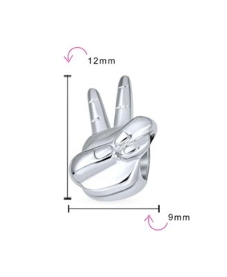 Set of 2 Hippie Peace & Good Luck Hand Sign Fingers Crossed Charm Bead Sterling Silver for Bracelets
