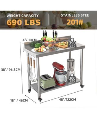 48"x18" 304 Stainless Steel Backsplash, 2 Shelves, Knife Blocks, Locking Wheels Commercial Prep Table