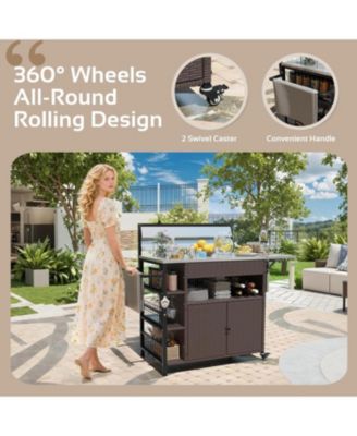 60" 1-Pc. Outdoor Bar Cart with Rattan Storage Cabinet and Steel Frame