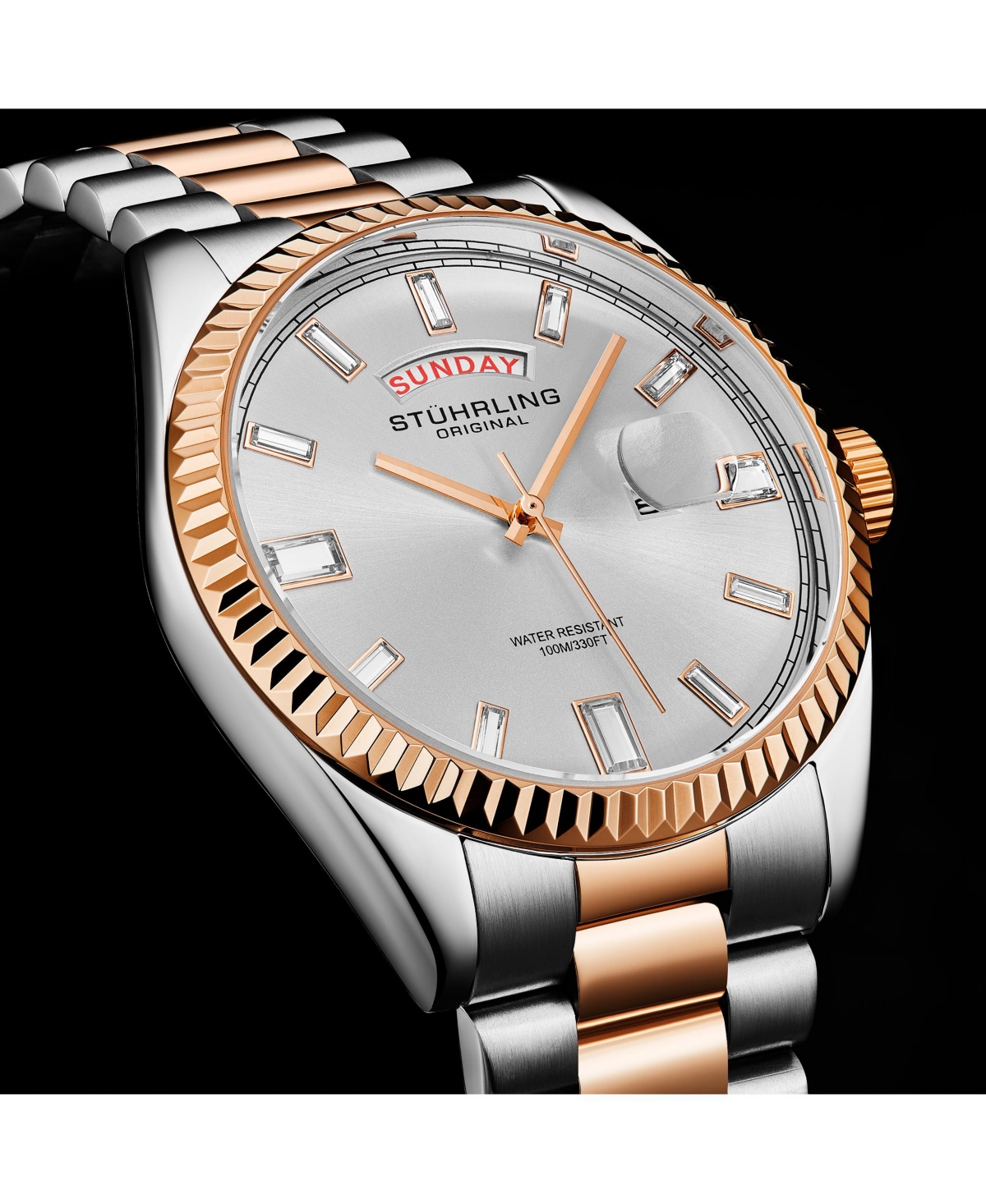 Stuhrling Statesman 4070 Men s Watch – Two-Tone Bracelet, White Dial, Day-Date Quartz, 42mm Fluted Bezel