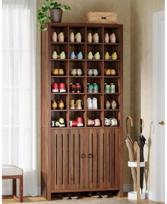 Tall Shoe Storage Cabinet with Doors, Farmhouse Wooden Shoe Rack with 24 Cubbies & 3 Hidden Shelves