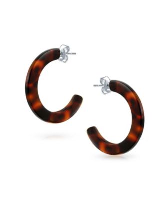 Brown Acrylic Tortoise Shell Hoop Huggie Earrings Stainless Steel 1 Inch