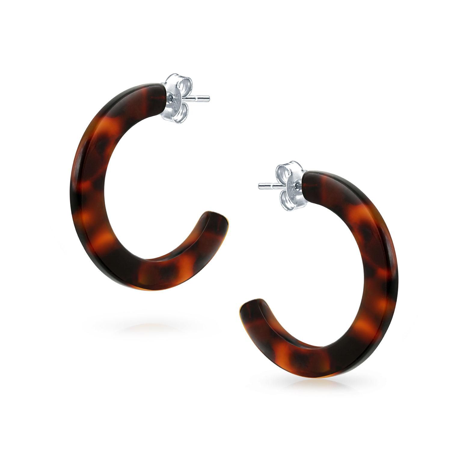 Fashion Brown Faux Tortoise-Shell Hoop Stud Earrings 1" Stainless Steel