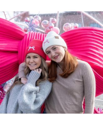 Women's Embroidered Bow Beanie - Hot Pink
