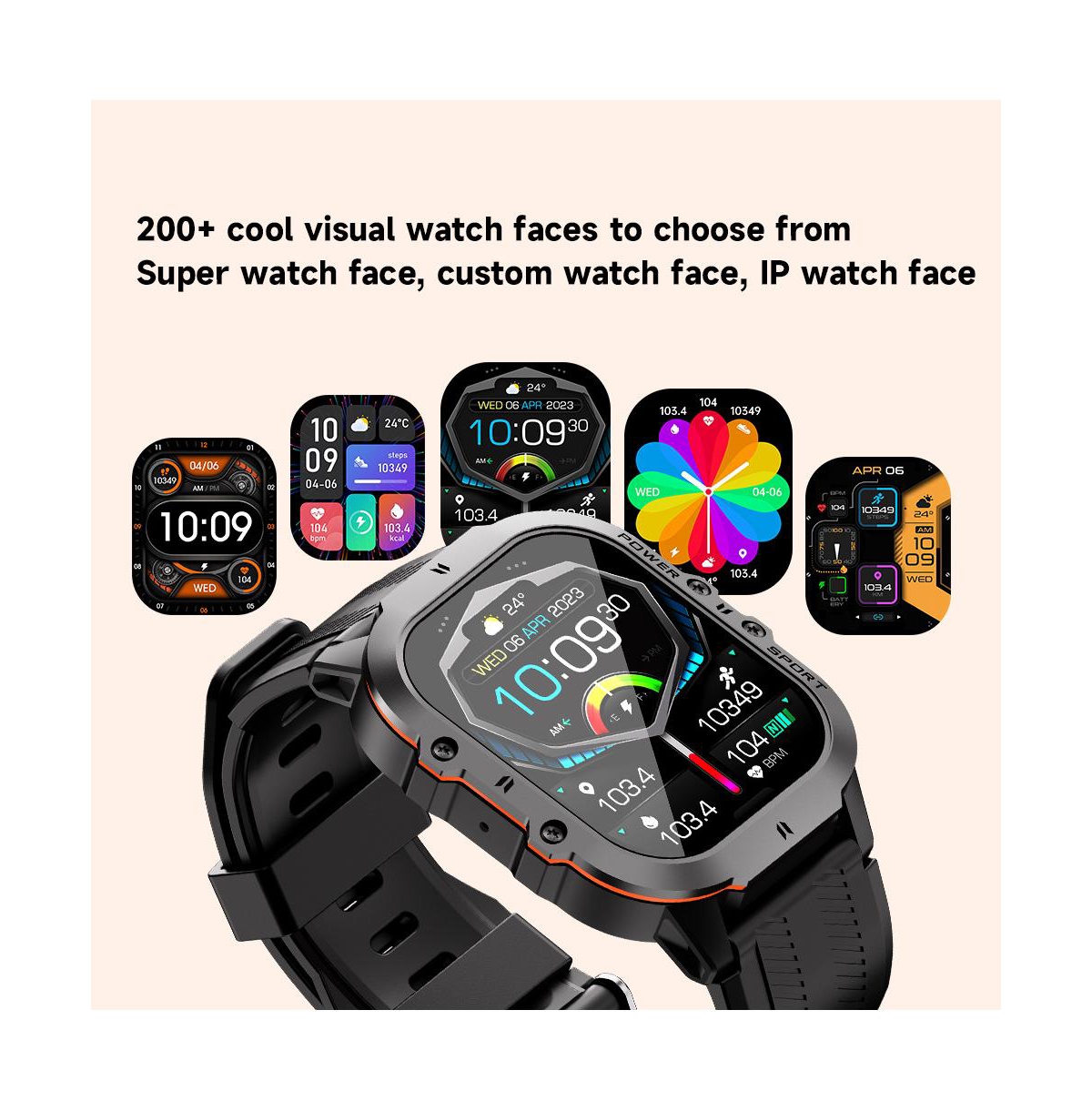 Ruxing Smart 1.96'' Amoled Hd Large Screen Smart Watch For Men With Movement Call, Heart rate Blood oxygen Blood pressure monitoring, 1ATM