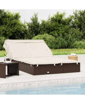 Patio Sunbed Brown PE Rattan 2-Person Adjustable Armrests