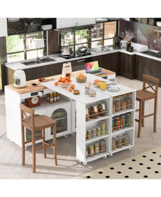 Rolling Kitchen Island With Extended Table with LED Lights Navy