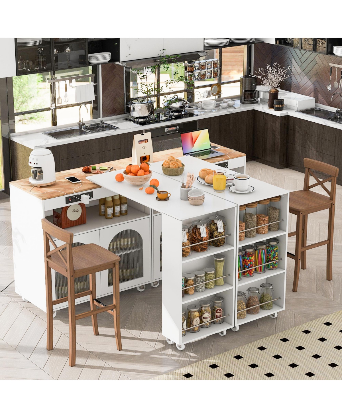 Rolling Kitchen Island With Extended Table with Led Lights Navy