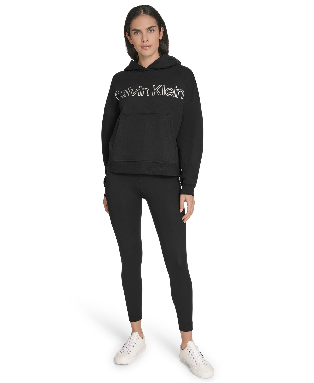 Calvin Klein Women's Performance Metallic Outline Logo Fleece Hoodie In Black