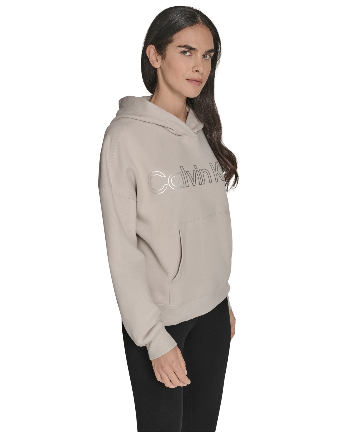 Calvin Klein Women's Performance Metallic Outline Logo Fleece Hoodie In Brown