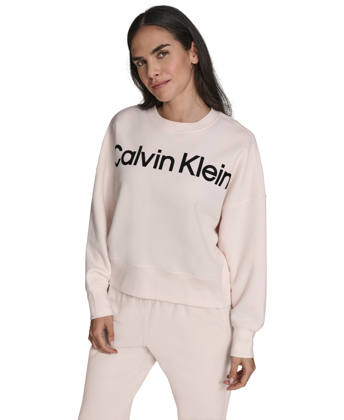 Calvin Klein Women's Performance Flocked Logo Pull-on Sweatshirt In Pink